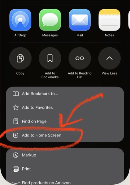 Share sheet with Add to Home Screen circled